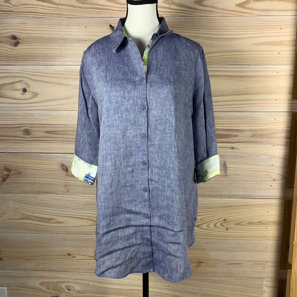 Chico's Linen Tunic Womens 12 Blue No Iron 3/4 Sleeve Novelty Cuff Button Down